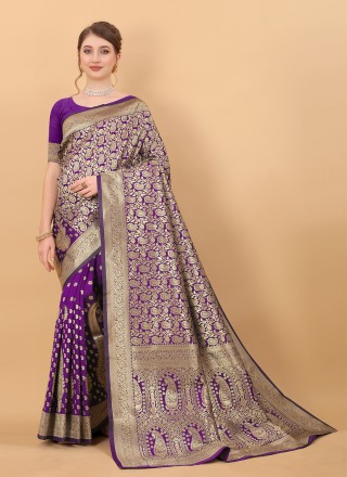 Zari Purple Pure Silk Classic Designer Saree