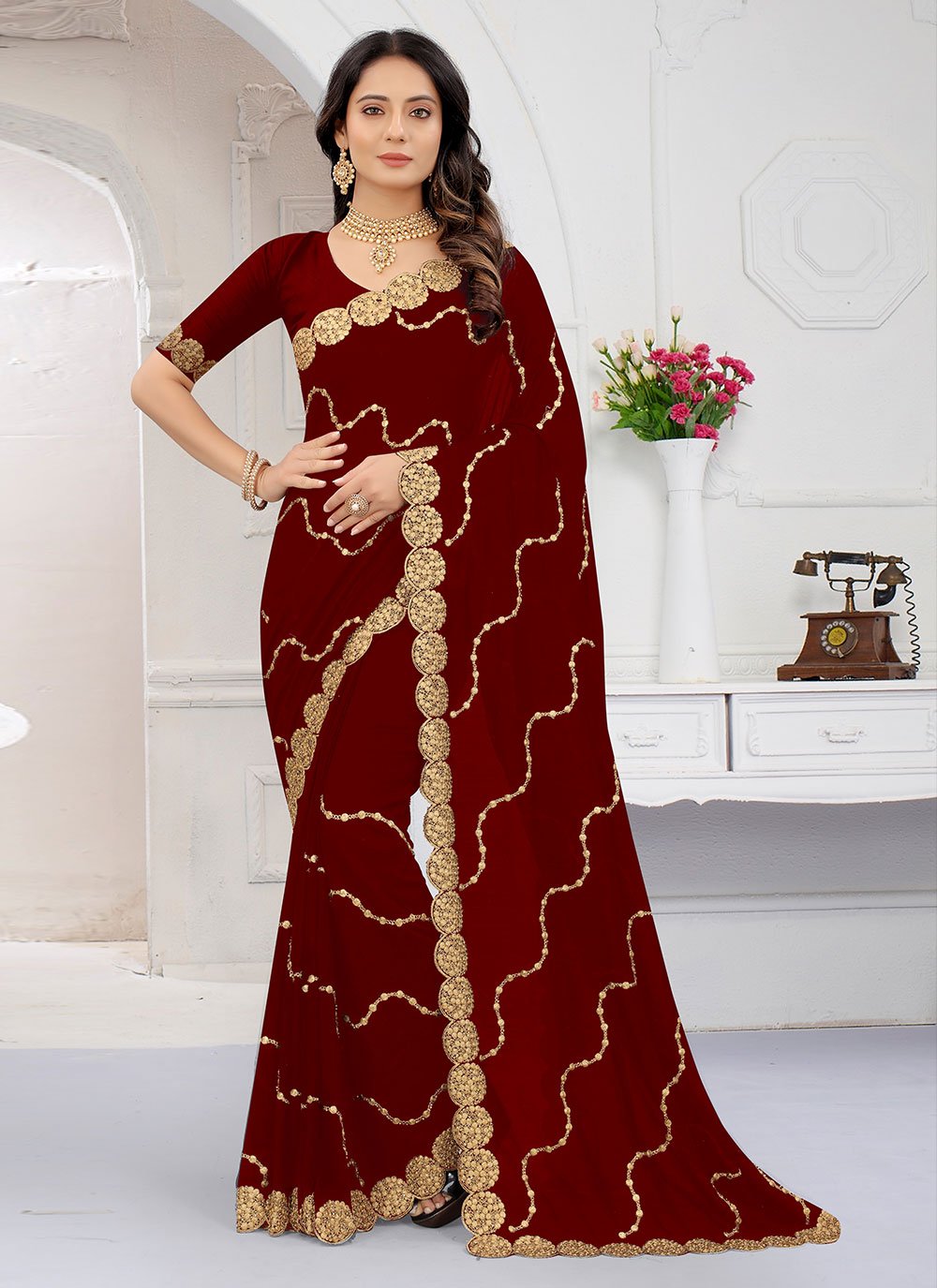 Zircon Vichitra Silk Maroon Traditional Designer Saree