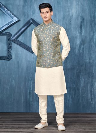 Adorable Blue and Off White Jacquard Kurta Payjama with Jacket with Fancy Work
