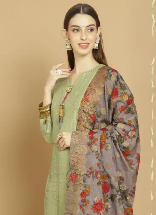 Affectionate Green Chanderi Silk Salwar Suit with Embroidered Work
