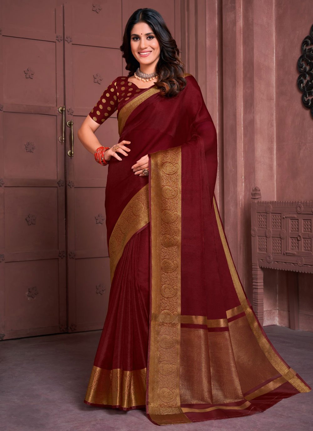 Buy Dual Tone Half and Half Rust Art Silk Saree with Art Silk Maroon Blouse  Online-SREV2108 | Appelle Fashion