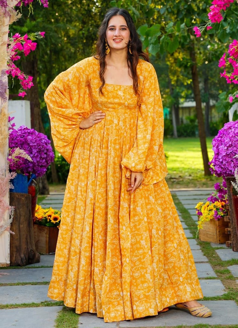 Amazing Yellow Georgette Indian Gown with Digital Print Work