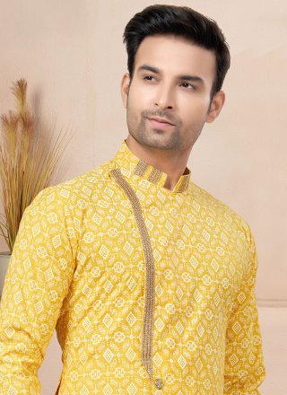 Amusing Yellow Cotton Indo Western with Lace Work