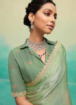 Angelic Green Chiffon Satin Classic Saree with Patch Border and Embroidered Work