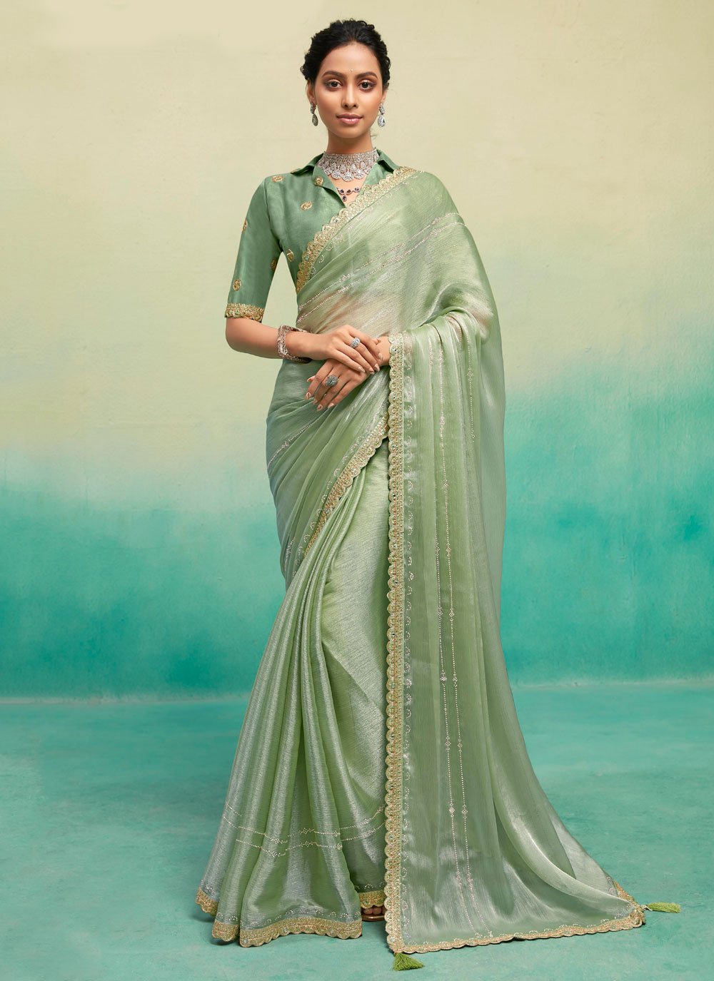 Pista Green Color Silk Chiffon Heavy Patola Print Work Designer Plus Size  Saree -634116885