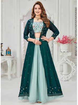 Aqua Blue and Morpeach  Embroidered Georgette Lehenga Choli
