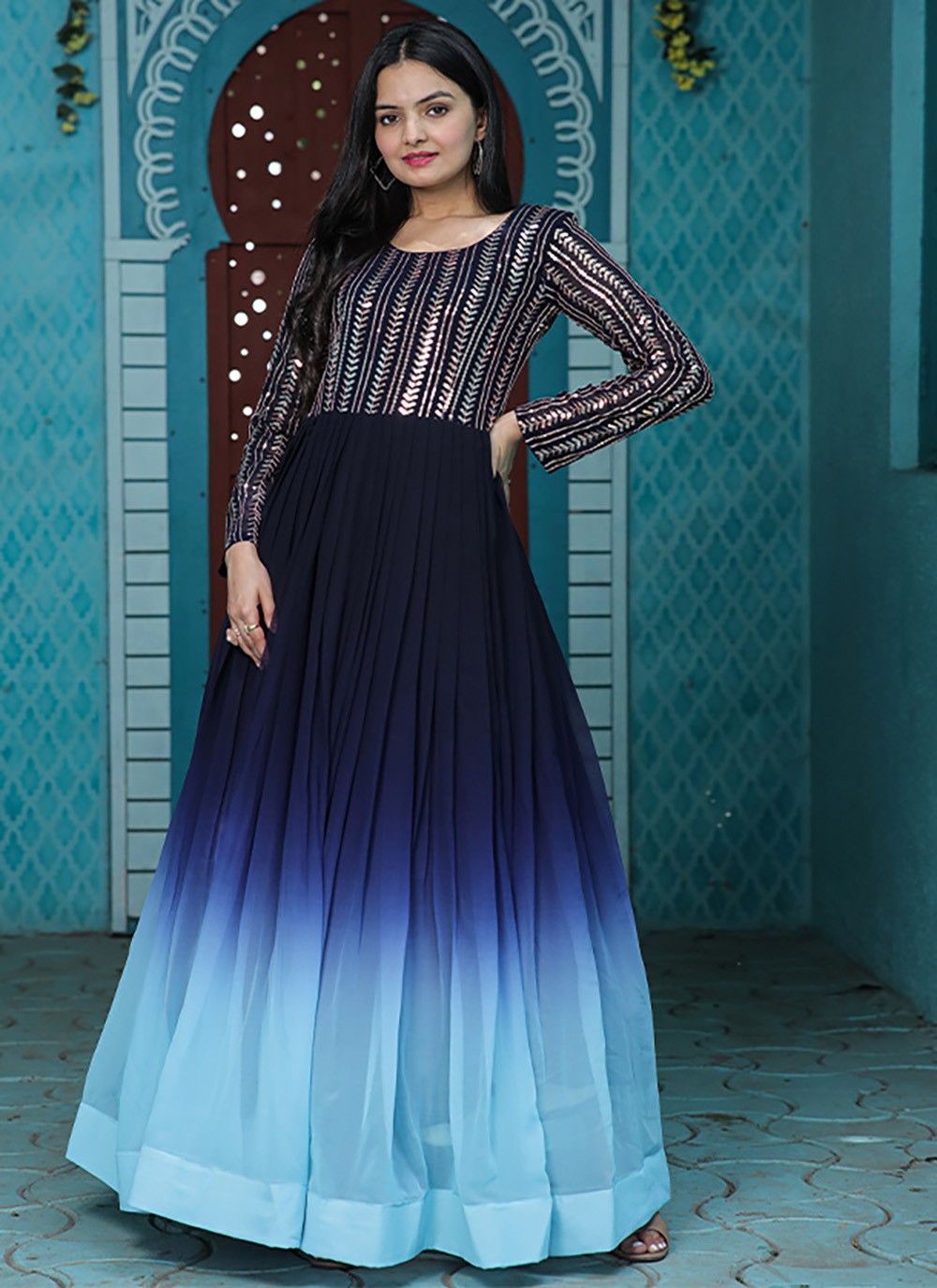 Buy Online Aqua Blue and Navy Blue Sequins Casual Trendy Gown 255896