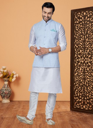 Aqua Blue and Off White Banarasi Silk Fancy Kurta Payjama With Jacket