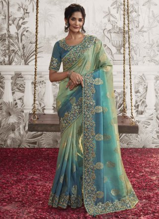 Aqua Blue Necklace Set Pure Chiffon Bandhej Saree and Aqua Blue