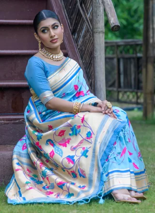 Aqua Blue Banarasi Silk Contemporary Sari with
