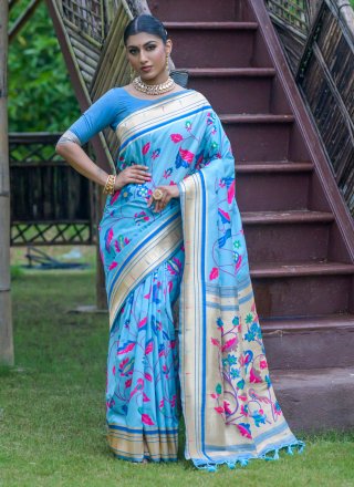 Aqua Blue Banarasi Silk Contemporary Sari with
