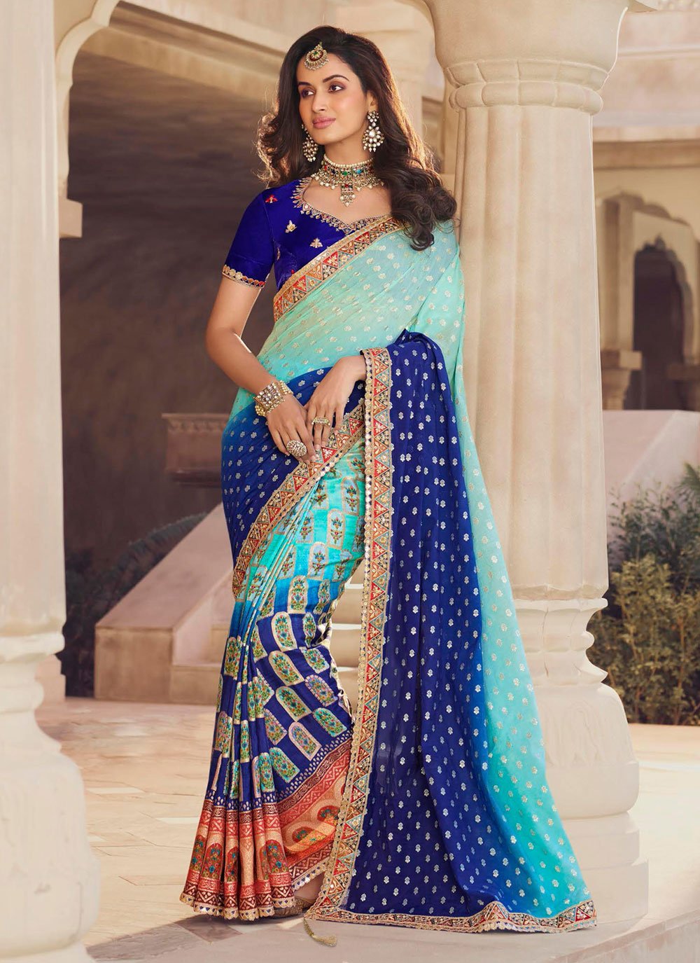 Shop Embroidered and Sequins Work Art Silk Contemporary Saree In Aqua Blue  for Ceremonial Online : 276877 -