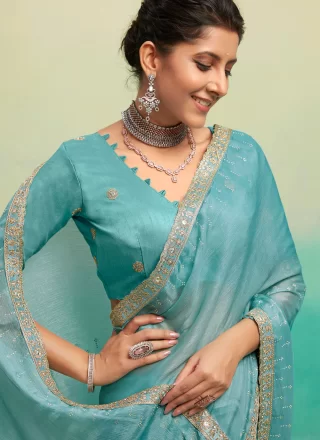 Aqua Blue Chiffon Satin Patch Border and Embroidered Work Trendy Saree for Ceremonial