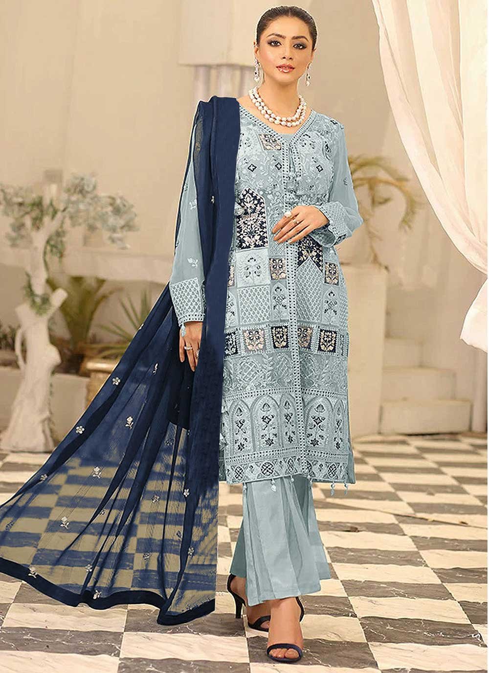 Aqua Blue Color Designer Pakistani Salwar Suit