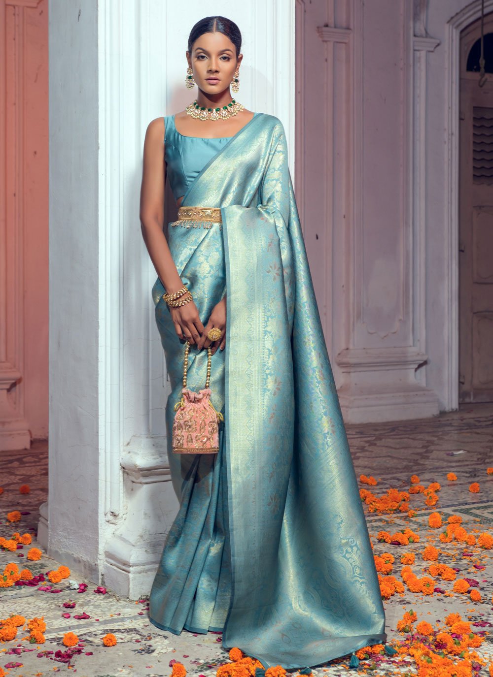 Stunning Aqua Blue Georgette & Silk Designer Saree