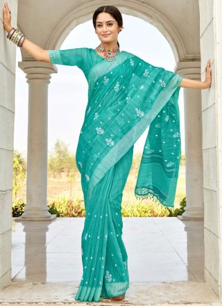 Aqua Blue Cotton Contemporary Sari