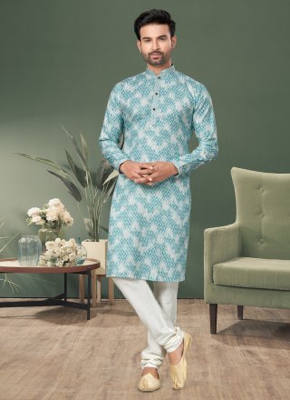 Aqua Blue Cotton Digital Print, Sequins and Thread Work Kurta Pyjama