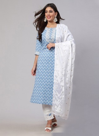Aqua Blue Cotton Printed Readymade Salwar Kameez