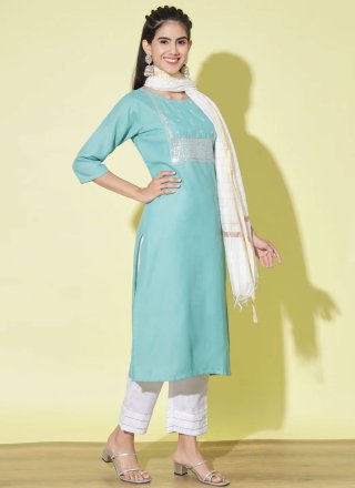 Aqua Blue Cotton Readymade Salwar Suit with Embroidered Work