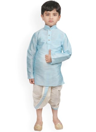 Aqua Blue Dupion Silk Dhoti Kurta In Plain