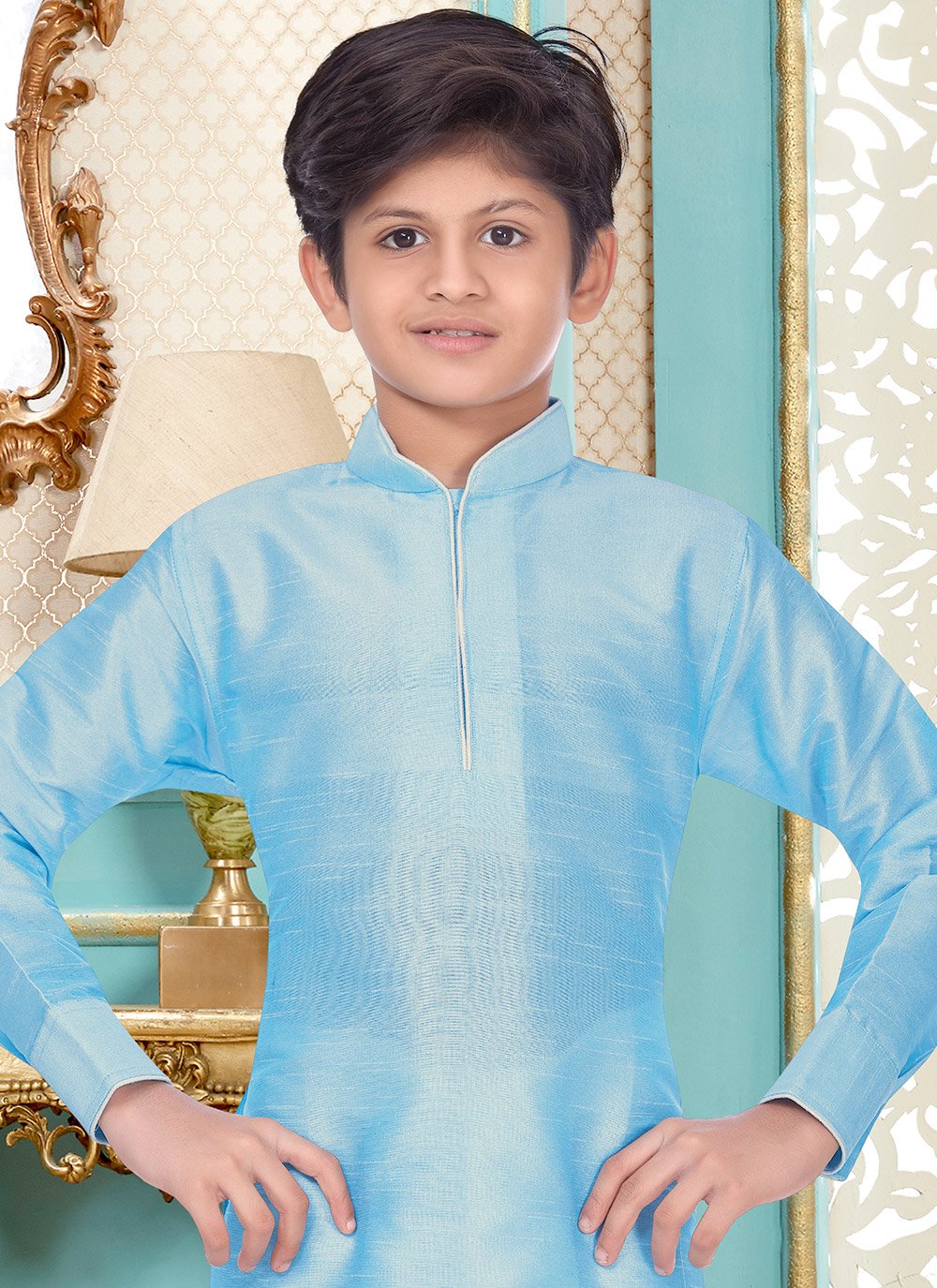 Royal Kurta Herren Jacquard Seiden Kurta Mit Dhoti – Blau, Banarasi-Stickerei, Größen M–XXL
