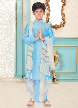 Aqua Blue Dupion Silk Dhoti Kurta with Jacquard Work for Casual