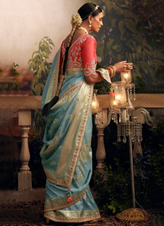 Aqua Blue Embroidered and Weaving Work Silk Trendy Saree