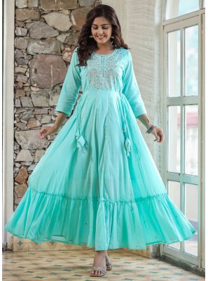 Aqua Blue Embroidered Cotton Trendy Gown