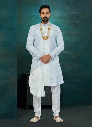 Aqua Blue Embroidered Indo Western Sherwani