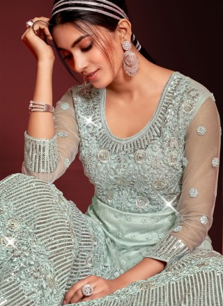 Aqua Blue Embroidered Net Trendy Salwar Suit