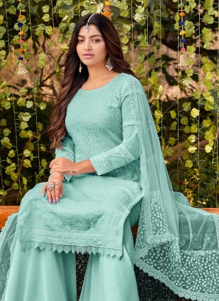 Aqua Blue Embroidered Pakistani Salwar Kameez