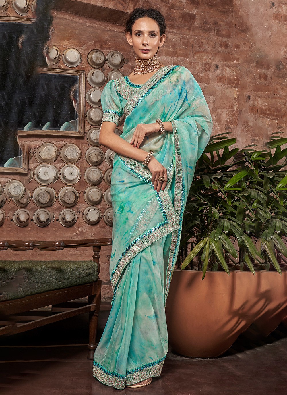 Buy Aqua Blue and Blue Color Saree Online