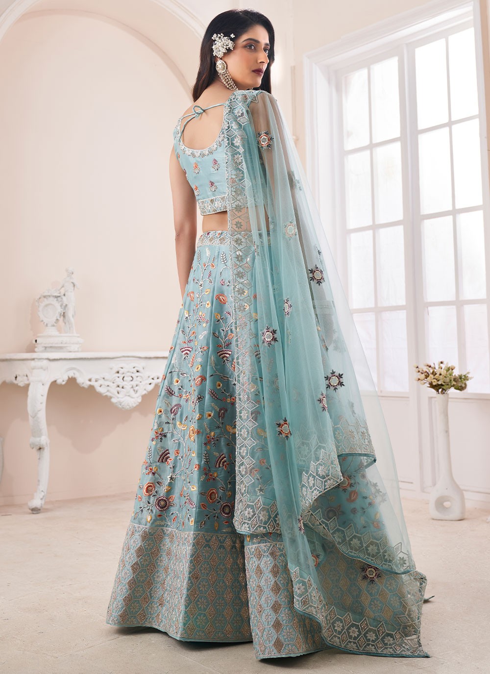 Aqua Blue Silk Handmade Bridal Lehenga For Royal Wedding – FOURMATCHING