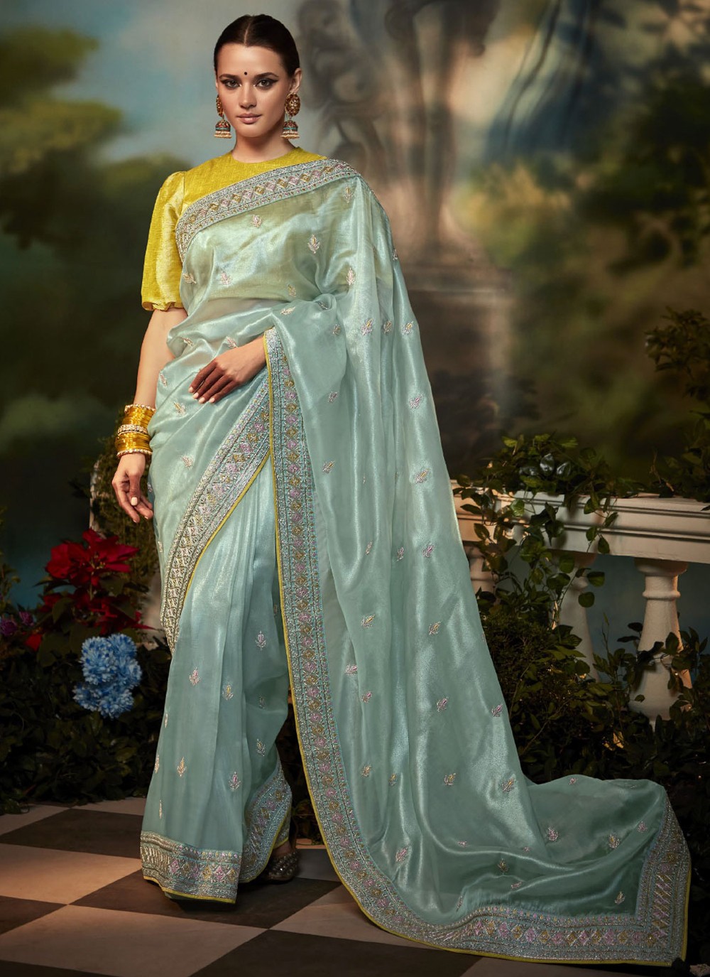 CRUISE TEAL PEARL DROP EMBROIDERED SAREE – Ridhima Bhasin