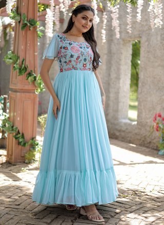 Aqua Blue Faux Georgette Embroidered Work Designer Gown for Festival
