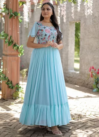 Aqua Blue Faux Georgette Embroidered Work Designer Gown for Festival