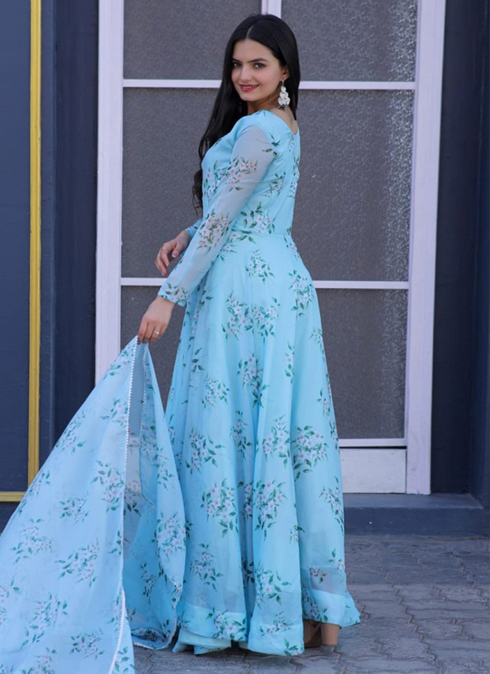 Aqua blue long dress best sale