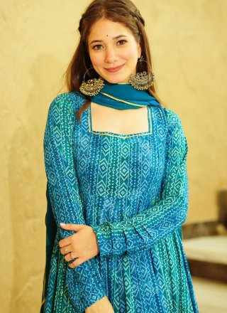 Aqua Blue Georgette Digital Print Work Designer Gown