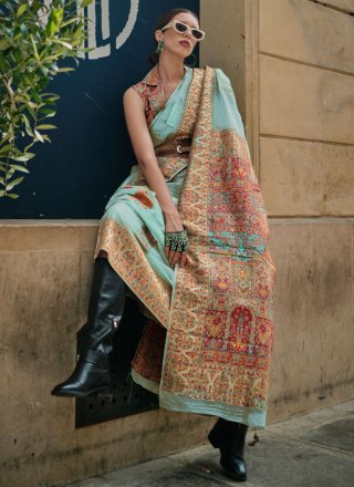 Aqua Blue Handloom Silk Classic Saree with Weaving Work for Women