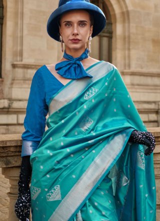 Aqua Blue Handloom Silk Designer Saree with Weaving Work