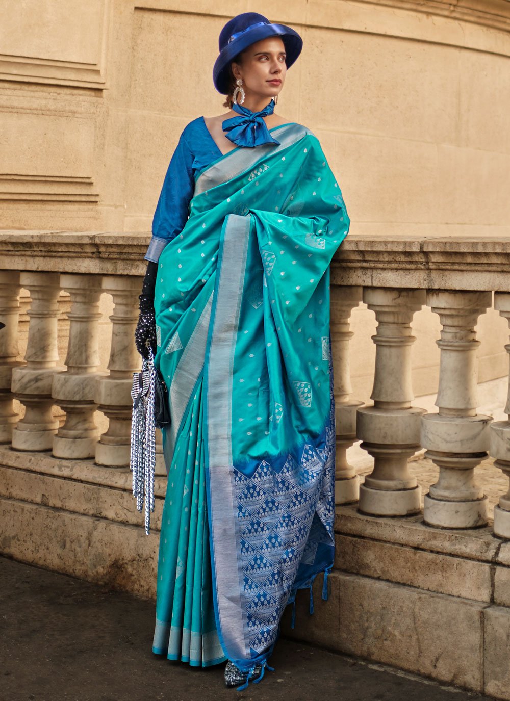 Aqua Blue Handloom Silk Designer Saree with Weaving Work