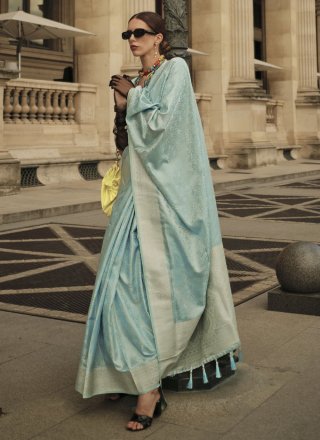 Aqua Blue Handloom Silk Weaving Work Designer Sari for Ceremonial