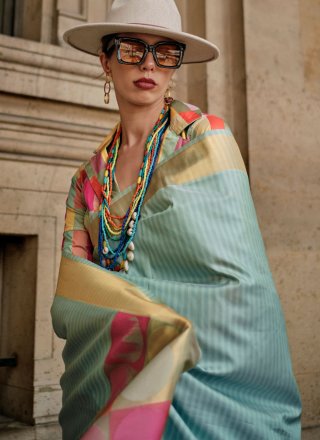 Aqua Blue Handloom Silk Weaving Work Designer Sari for Ceremonial