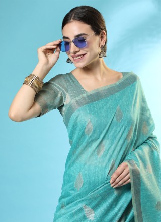 Aqua Blue Handloom silk Woven Classic Saree