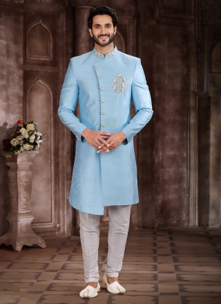 Aqua Blue Mehndi Indo Western Sherwani