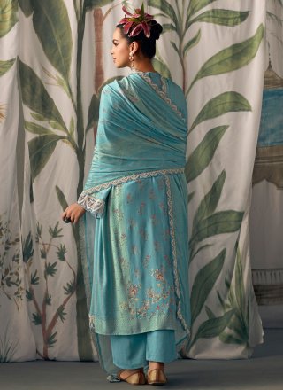 Aqua Blue Muslin Trendy Suit with Digital Print and Embroidered Work