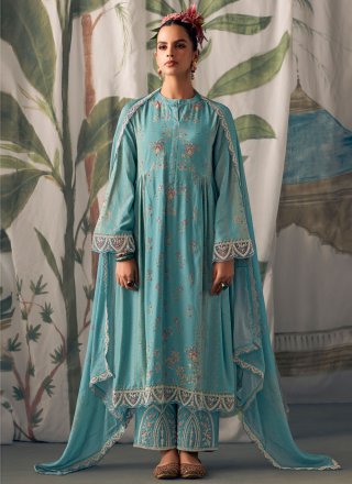 Aqua Blue Muslin Trendy Suit with Digital Print and Embroidered Work