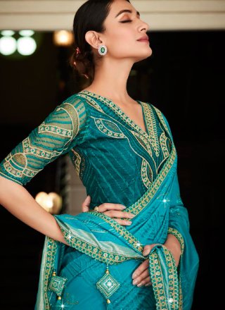 Aqua Blue Patch Border and Embroidered Work Silk Classic Saree