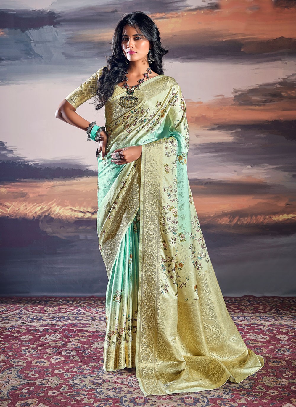 Navy Satin Silk Swarovski Saree – Meena Bazaar