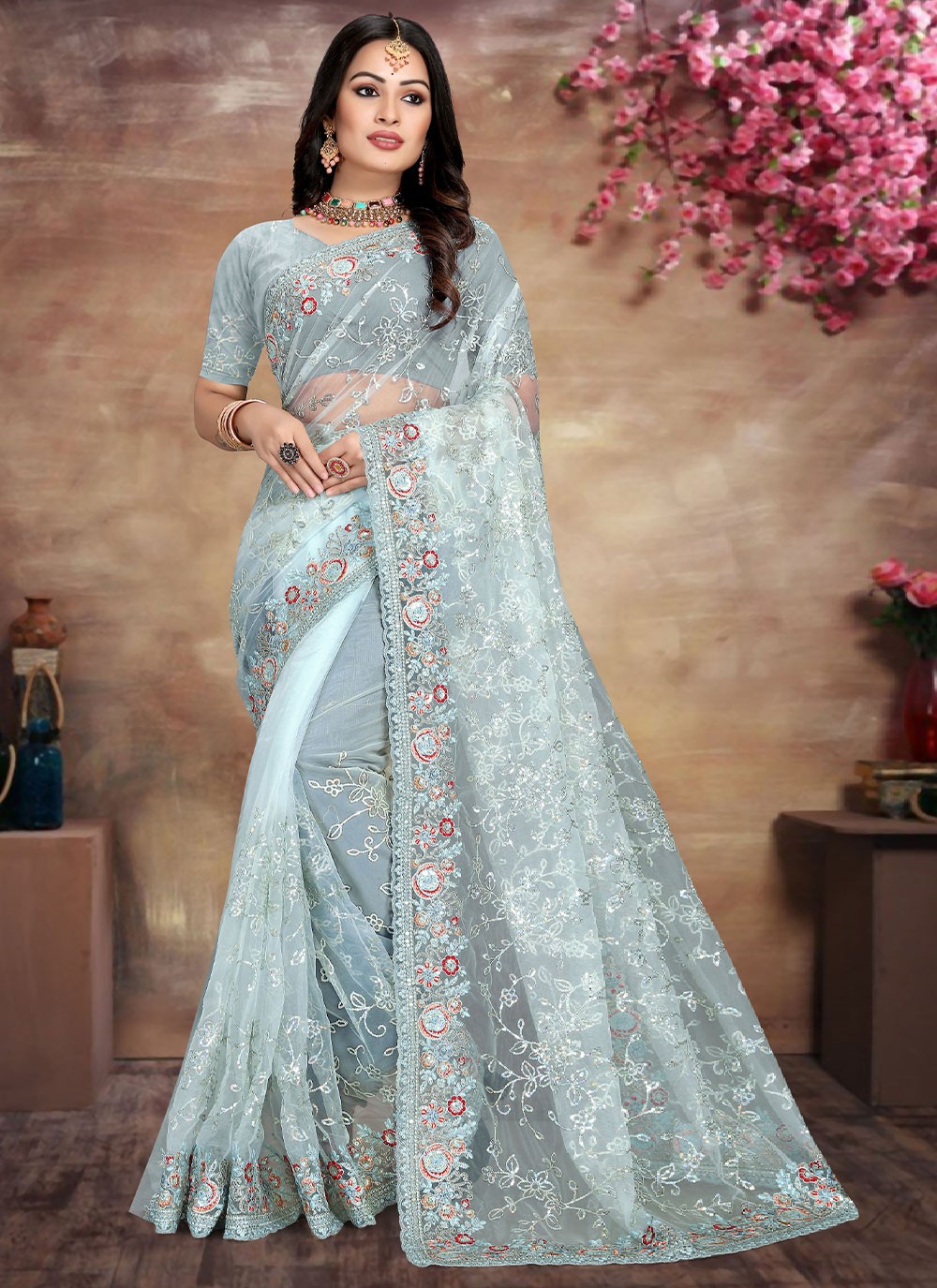 Grey Sequins Shimmer Saree